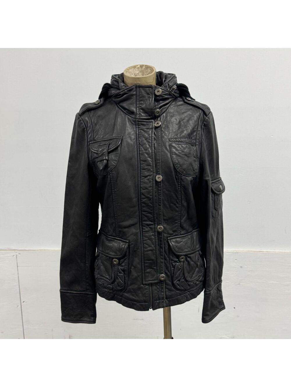 Vintage Black Utility Cargo Zip-Out Convertible Hood Parka Leather Jacket